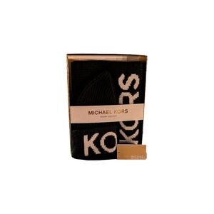 NEW NIB Michael Kors Women's Fishermans Rib Beanie Black White Scarf Set Gift
